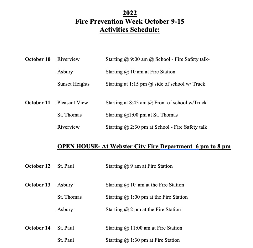 Fire Prevention Week to be held October 9 – 15th Fire Prevention Week to be held October 9 – 15th