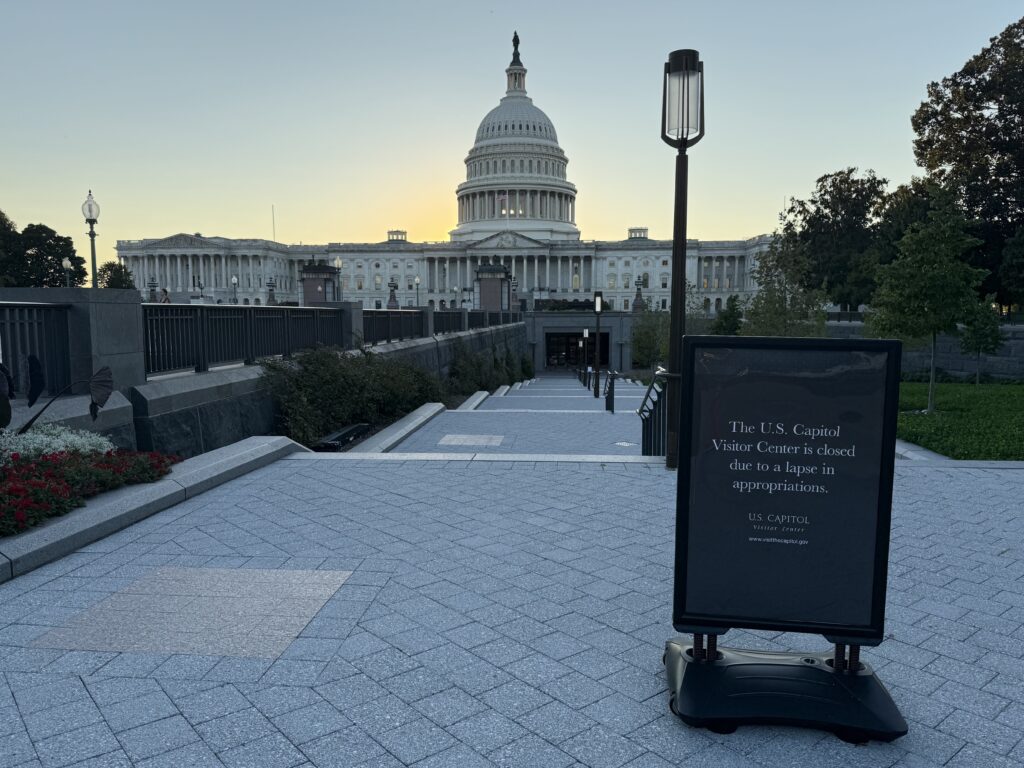 Federal judge broadens order blocking Trump administration layoffs during shutdown 1 The U.S. Capitol in Washington, D.C., on Oct. 1, 2025, with a sign advising the Capitol Visitors Center is closed due to the government shutdown. (Photo by Jennifer Shutt/States Newsroom)