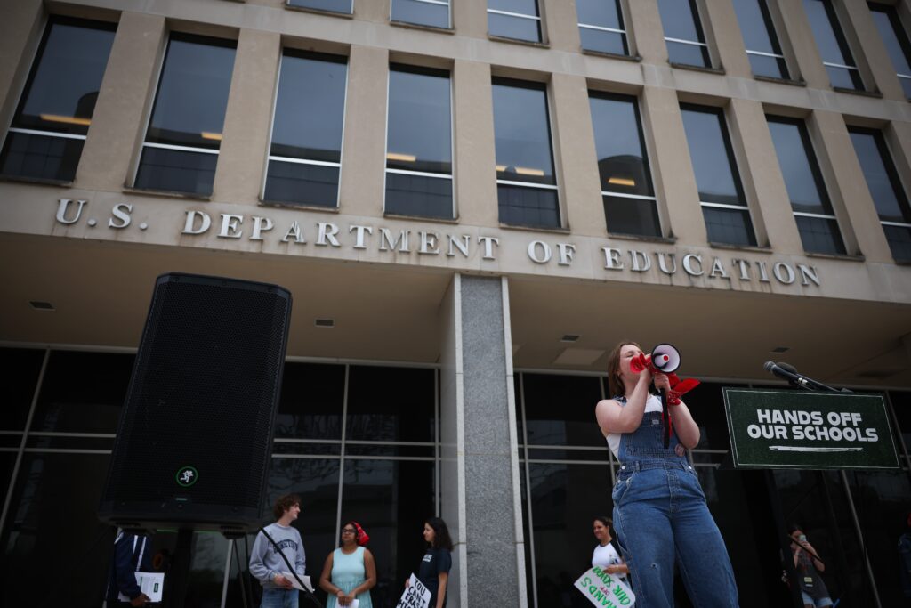 Student coalition, Dem lawmakers object to Trump Education Department moves 1 Student protesters shout during a “Hands Off Our Schools” rally in front of the U.S. Department of Education building in Washington, D.C., in April. The same group held a virtual press conference Tuesday to protest President Donald Trump’s efforts to dismantle the U.S. Department of Education. (Photo by Kayla Bartkowski/Getty Images)