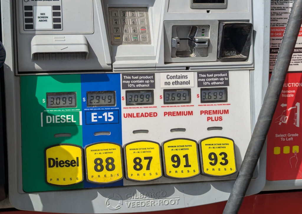 Year-round ethanol blend bill passed by US House faces uncertain Senate path 1 Fuel options at a Sioux Falls, South Dakota, gas station on Aug. 22, 2025. The nationwide average price of a gallon of gas was $4.55 May 22, 2026, up from $3.20 a year ago. The steep increase has turned some lawmakers' attention alternative fuels like ethanol. (Photo by John Hult/South Dakota Searchlight)