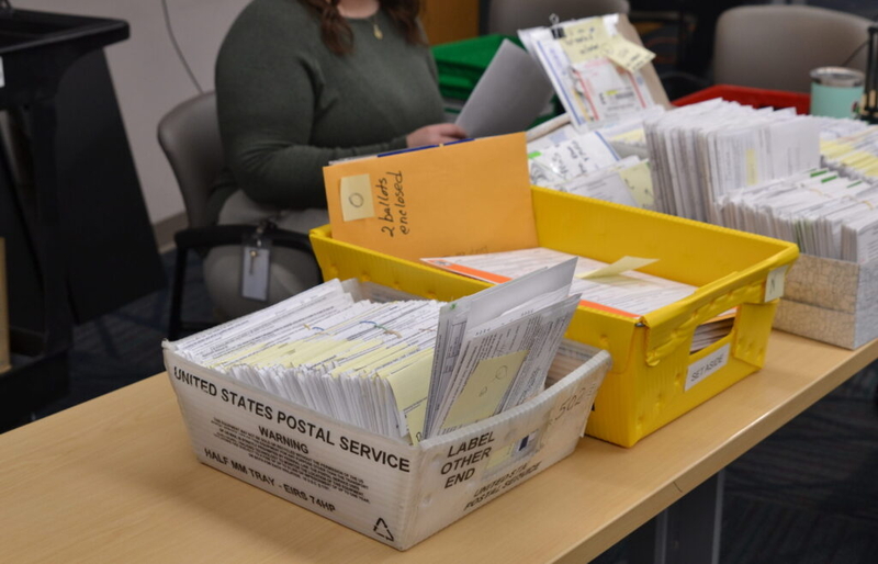 Federal agencies haven’t started on Trump order restricting voting by mail, DOJ says 1 Ballots that had arrived by mail or were set aside on Election Day, 2024, sit on a table at the Cass County Courthouse in North Dakota on Nov. 18, 2024. (Photo by Jeff Beach/North Dakota Monitor)