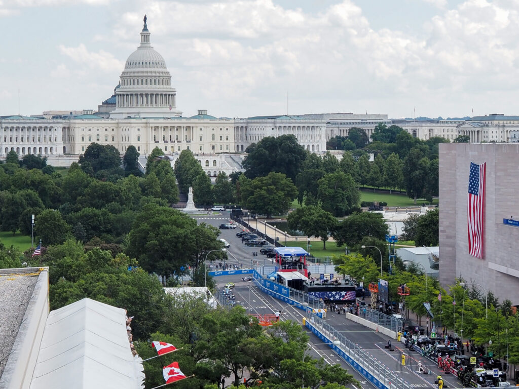 Race cars speed through D.C. in finale of Trump-backed Freedom 250 series 1 IndyCar drivers turned left on Pennsylvania Avenue, with the U.S. Capitol in the background, during the Freedom250 Grand Prix in Washington, D.C., on Sunday, Aug. 23, 2026. (Photo by Ashley Murray/States Newsroom)